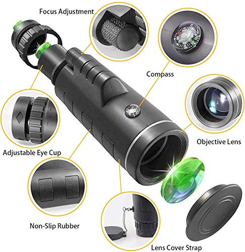 Telescopio Monocular, 40x60 HD Telescopio Impermeable Monocular para Móvil con Soporte para Smartphone y trípode para observación de Aves, Camping y Turismo