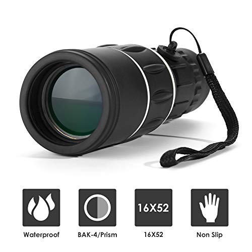 Telescopio monocular de 16 x 52, telescopio de doble enfoque, resistente al agua, con trípode para smartphone para observación de aves al aire libre, caza, senderismo, camping y turismo