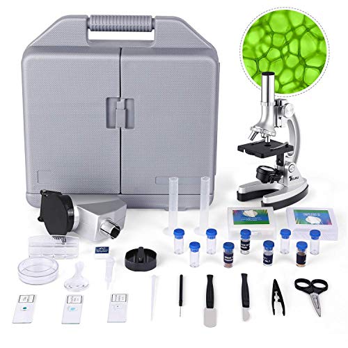 TELMU Microscopio de Bolsillo para niños y Principiantes, pequeño y Brillante, Set de Accesorios de 70 Piezas, 300X-600X-1200X, con iluminación LED y Cuchillas, Maleta y preparación incluidos