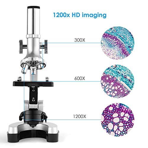 TELMU Microscopio de Bolsillo para niños y Principiantes, pequeño y Brillante, Set de Accesorios de 70 Piezas, 300X-600X-1200X, con iluminación LED y Cuchillas, Maleta y preparación incluidos