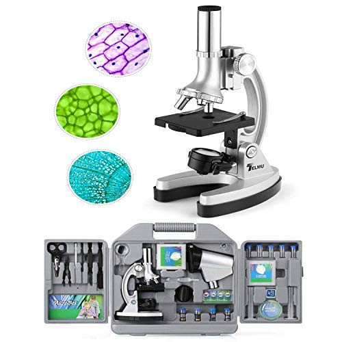 TELMU Microscopio de Bolsillo para niños y Principiantes, pequeño y Brillante, Set de Accesorios de 70 Piezas, 300X-600X-1200X, con iluminación LED y Cuchillas, Maleta y preparación incluidos