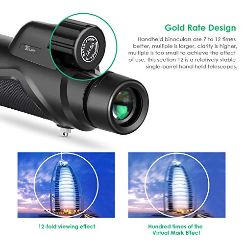 TELMU Telescopio Monocular 12 x 50 HD Spotting Scope Monculares Portátil Telescopio con Clip de teléfono para la observación de animales o aves/viajes de caza/juego de pelota/concierto