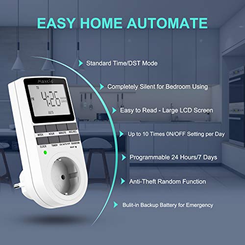 Temporizador Enchufe, Maxcio Programador Enchufe Digital Programable Pantalla LCD Horario de Verano 12/24 horas Semanal Digital Timer con Modo Aleatorio Ahorrar Energía 16A / 3680W Máx (3 Packs)