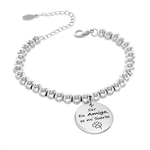 TEMPUS FUGIT. Regalo para la Amiga. Pulsera Bolas 6 mm. de Acero Inoxidable Antialérgico Inalterable, con Mensaje Grabado
