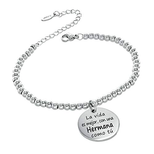 TEMPUS FUGIT. Regalo para la Hermana. Pulsera Bolas de 4 mm. de Acero Inoxidable Antialérgico Inalterable, Flexible, con Mensaje