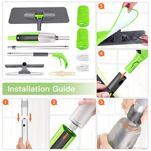 Tencoz Spray Mop, Mopa con Pulverizador, Fregona con Vaporizador, Mopa Spray Rotación de 360°, Capacidad de 300 ML con 4 Trapeadores y Raspador de Ventana para Ventanas, Pisos, Azulejos