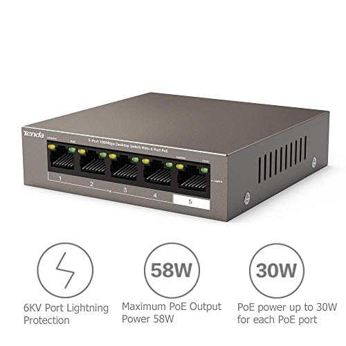 Tenda TEF1105P Ethernet PoE Switch 5-Port 10/100 Mbps, 4 Puertos PoE, no Configuración,Tipo Desktop