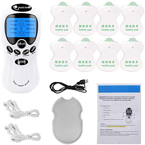 TENS EMS Electroestimulador Profesional Digital Masaje Pantalla LCD 2 Canales 4 Electrodos Autoadhesivos Totalmente Recargable Con 8 Programas de Preajuste