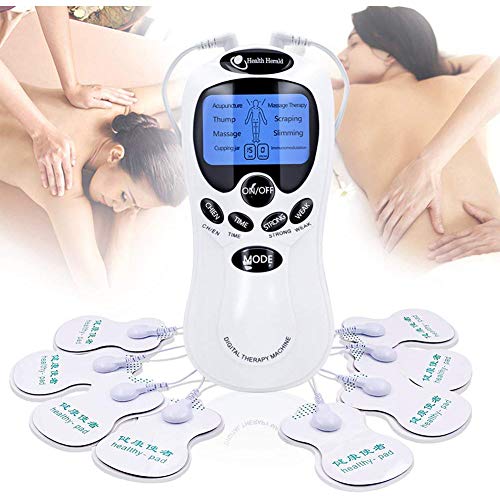 TENS EMS Electroestimulador Profesional Digital Masaje Pantalla LCD 2 Canales 4 Electrodos Autoadhesivos Totalmente Recargable Con 8 Programas de Preajuste