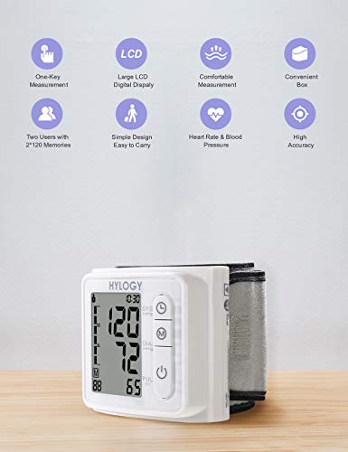 Tensiómetro de muñeca HYLOGY Monitor de Presión Digital de presión arterial y pulso totalmente automática con 2 * 90 memorias, alta precisión, pantalla LCD, portátil para uso doméstico