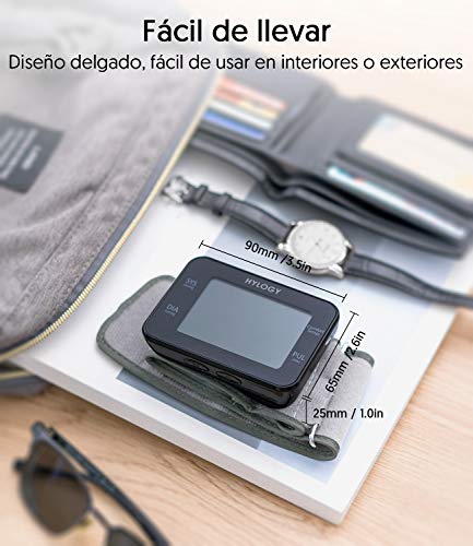 Tensiómetro de Muñeca, HYLOGY Monitor de Presión Digital Portátil Ultraplano con Anuncio de Voz, Gran Pantalla LCD con Memoria (2 * 90) Para 2 Usuarios, Detección de Pulso Irregular y De Movimiento