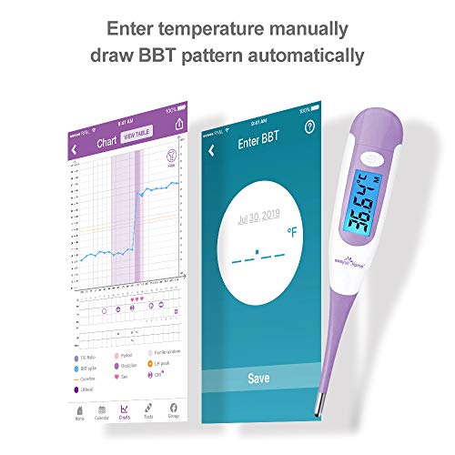 Termómetro basal digital Easy@Home Pantalla LCD con retroiluminación azul 1/100 grados de alta precisión para el seguimiento de la ovulación Aplicación gratuita Premom Español Morada