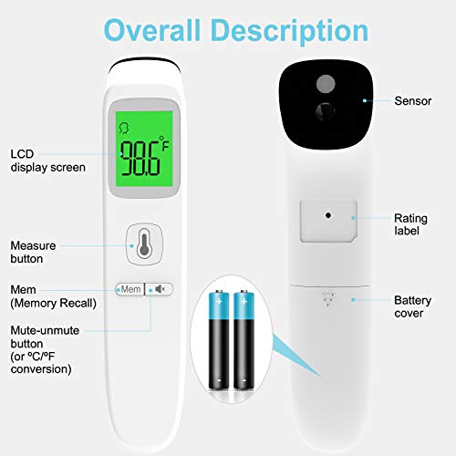 Termómetro De Frente, UNTIRE Termómetro Digital con Sensor Infrarrojo, Mide Con Precisión Rapidez Termómetro Infrarrojo Sin Contacto, Adecuado Para Niños, Adultos, Medio Ambiente Objetos