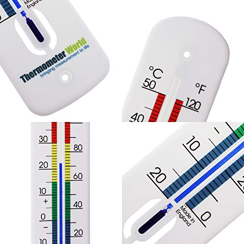 Termómetro de pared grande 380 mm con códigos de colores, hecho en Reino Unido, para uso en casa, en una habitación, en el jardín, el invernadero, para uso exterior e interior