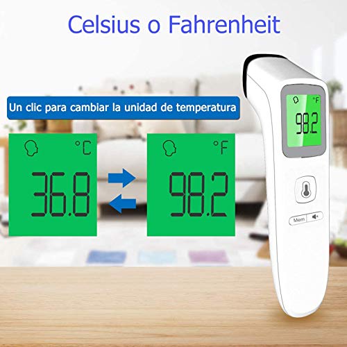 Termómetro Frente 3 en 1 Termómetro Digital Medición Precisa y Rápida 35 Lecturas de Memoria Termómetro Infrarrojo Sin Contacto con Alarma de Fiebre Adecuado para Niños, Adultos, Ambiente y Objetos