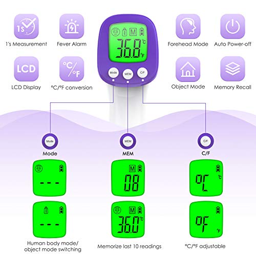 Termometro Infrarrojos Digital, konjac Termometro infrarrojo sin contacto,termometro laser con recordatorios de tres colores y para bebés y adultos