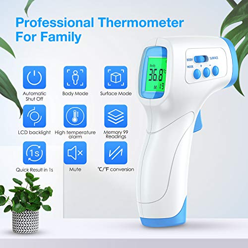 Termómetro infrarrojos IDOIT termómetro de frente sin contacto para adultos niños bebé Termómetro digital con alarma de fiebre, función de memoria y pantalla LCD