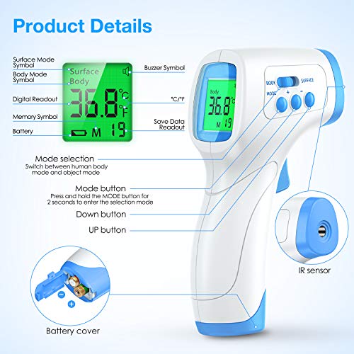 Termómetro infrarrojos IDOIT termómetro de frente sin contacto para adultos niños bebé Termómetro digital con alarma de fiebre, función de memoria y pantalla LCD