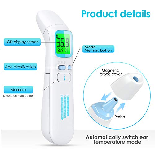 Termómetro Infrarrojos, KKmier Termometro de oído sin Contacto con Pantalla LCD Termómetro Digitales Médico para Bebé, Niños, Adulto, Ambiente y Objetos