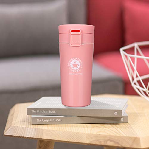 Termo,Termo de Café para Llevar de Acero Inoxidable Vaso Termico Prueba de Fugas Taza de Café Térmica Sin BPA para Coche Oficina Viaje 380ML Rosado