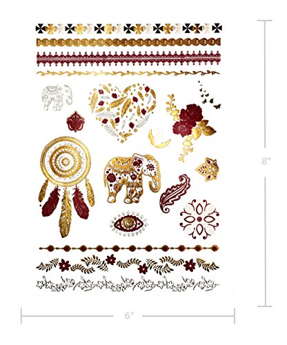 Terra Tattoos Color Metallic Tattoos - Over 75 Boho Termporary Tattoos in Gold, Silver, Pink, Turquoise, Green (6 Sheets), Kendra Collection