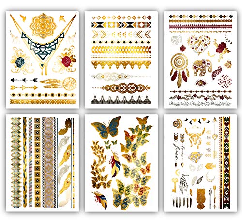 Terra Tattoos Color Metallic Tattoos - Over 75 Boho Termporary Tattoos in Gold, Silver, Pink, Turquoise, Green (6 Sheets), Kendra Collection