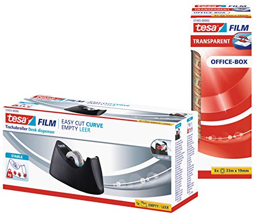 tesa 53918 Dispensador de Mesa Easy Cut Curve-Antideslizante, manejo Sencillo, Corte Limpio, Incl. 1 10 u opcionalmente 8 Rollos de tesafilm Transparente de 33 m:19 mm, Negro, 33M:19Mm