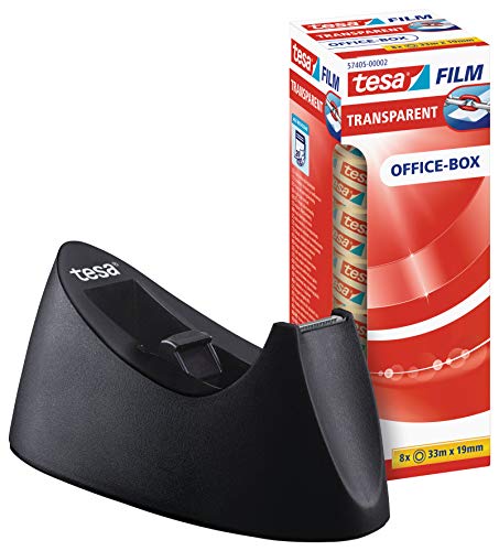 tesa 53918 Dispensador de Mesa Easy Cut Curve-Antideslizante, manejo Sencillo, Corte Limpio, Incl. 1 10 u opcionalmente 8 Rollos de tesafilm Transparente de 33 m:19 mm, Negro, 33M:19Mm