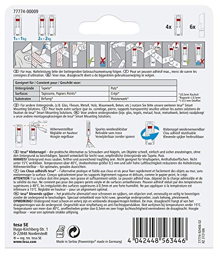 Tesa 77774 - Clavos adhesivos ajustables (para papel pintado y yeso, altura regulable, hasta 1 kg de capacidad de sujeción por clavo, 4 unidades), color blanco