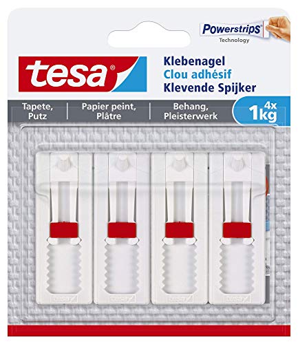 Tesa 77774 - Clavos adhesivos ajustables (para papel pintado y yeso, altura regulable, hasta 1 kg de capacidad de sujeción por clavo, 4 unidades), color blanco