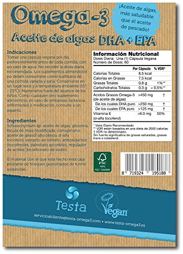 Testa Omega-3 Aceite de Algas cápsulas de 450mg Omega-3 Vegano DHA + EPA - (60 cápsulas)