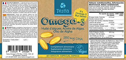 Testa Omega-3 Aceite de Algas- Omega 3 Vegan - Vegan DHA - DHA 250mg - Vegano DHA - 60 cápsulas