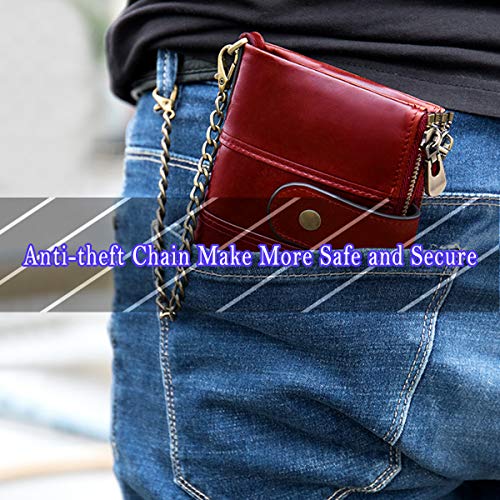 TEUEN Cartera Mujer Piel Autentica Pequeña Billetera Monedero Mujer con Muchos Bolsillos, Bloqueo RFID Billetero Cremallera Mujer con Cadena, Monedero Cuero Mujer 16 Ranuras para Tarjetas (Rojo)