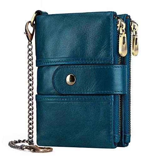 TEUEN Cartera Mujer Piel Autentica Pequeña Billetera Monedero Mujer con Muchos Bolsillos, Bloqueo RFID Billetero Cremallera Mujer con Cadena, Monedero Cuero Mujer 16 Ranuras para Tarjetas (Azul)