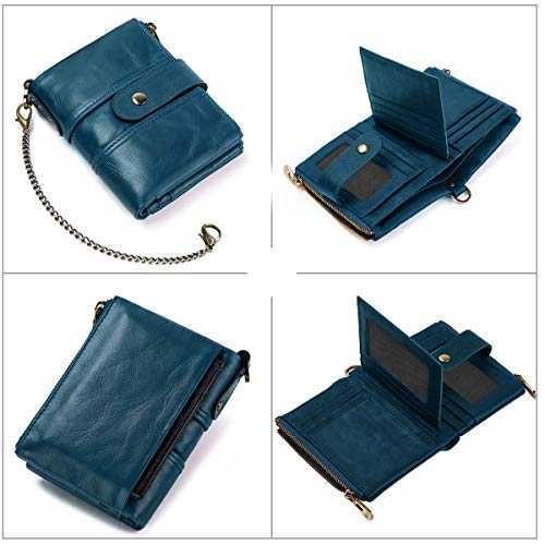 TEUEN Cartera Mujer Piel Autentica Pequeña Billetera Monedero Mujer con Muchos Bolsillos, Bloqueo RFID Billetero Cremallera Mujer con Cadena, Monedero Cuero Mujer 16 Ranuras para Tarjetas (Rojo)