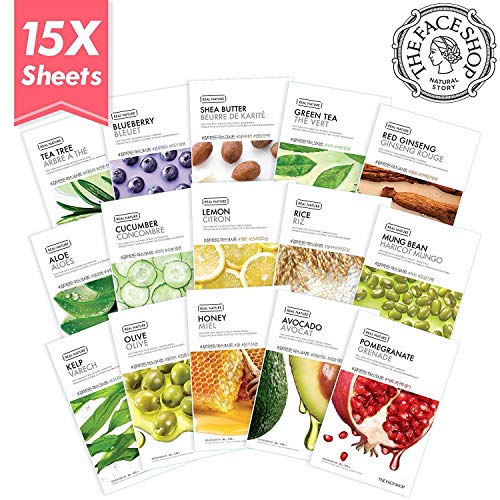 The Face Shop Facial Mask Sheets (15 Treatments), Real Nature Full Face Masks Peel Off Disposable Sheet (Pack of 15), Anti Aging Firming Moisturizing Essence