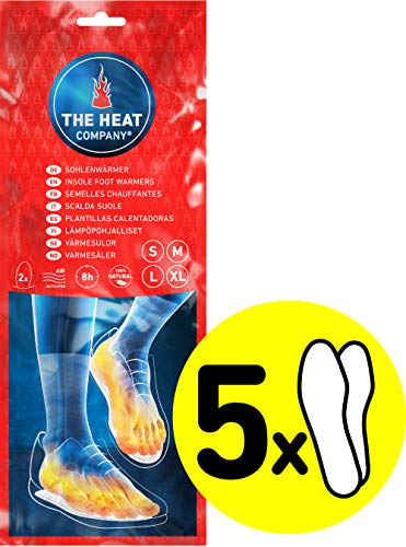 THE HEAT COMPANY Plantillas Calentadoras - 5 Pares - Extra CÁLIDO - Calentadores Pies - 8 Horas de pies Calientes - Calor instantáneo - Activado por Aire - Puro Natural - Tamaño Large: 41,5-43,5