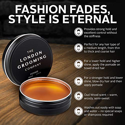 The London Grooming Company Pomada para Hombres – Fijación Fuerte, Producto de Cabello Basado en Agua – 100 ml / 3,4 oz fl – Aroma de Madera de Laúd Árabe