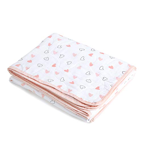 The White Cradle Orgánico La más suave manta/colcha para la cuna/camita, con 3 capas de tela suave, diseños reversibles, 2 caras Muselina impresa y centro de franela, 95 x 120 cm - Corazones rosados