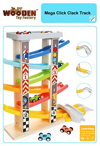 The Wooden Toy Factory - Mega Circuito de Coches de Carreras Click Clack Racing Track con *6* Coches - Incluye Aparcamiento - No Requiere Montaje (Mega Circuito de Coches de Carreras)