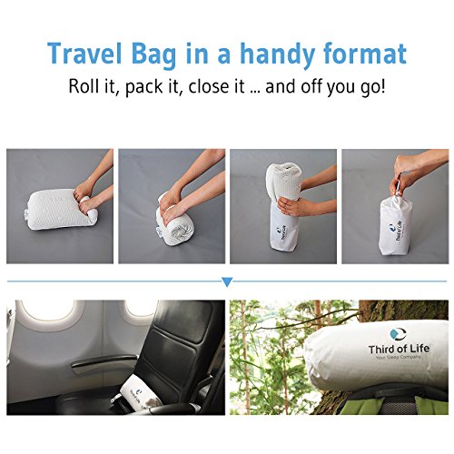 Third of Life Almohada de Viaje Volar | Cojín Ergonómico de Espuma Viscoelástica | Funda con Termorregulación Viajar en Tren, Avión y Coche o para una Siesta en el Sofá de Casa | 40x25x10cm