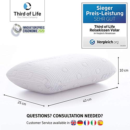 Third of Life Almohada de Viaje Volar | Cojín Ergonómico de Espuma Viscoelástica | Funda con Termorregulación Viajar en Tren, Avión y Coche o para una Siesta en el Sofá de Casa | 40x25x10cm