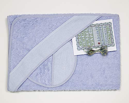 Ti TIN - Pack Capa de Baño de Bebé + Capucha + Babero de Punto de Cruz 100% Algodón con Tacto muy suave, Color Azul Cielo, 100x100 cm