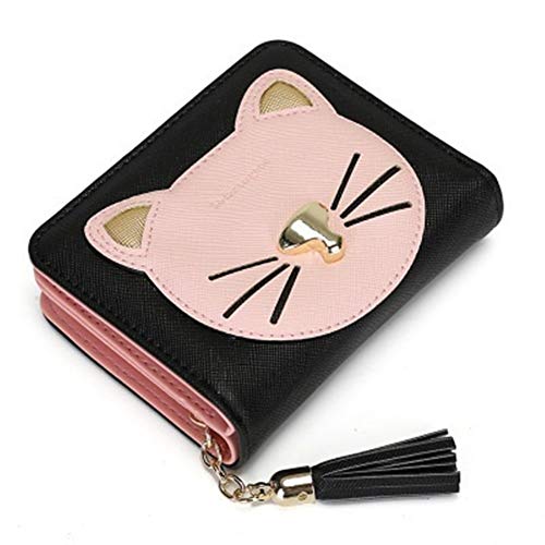 Tianxiangyuge Cartera Corta de la PU de la Borla de Gato Dorado Estudiantes Nariz Monedero (Color : Black)