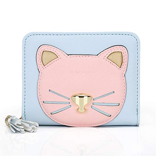 Tianxiangyuge La Sra Carpeta Corta de la PU de la Borla de Gato Dorado Estudiantes Nariz Monedero (Color : Blue)