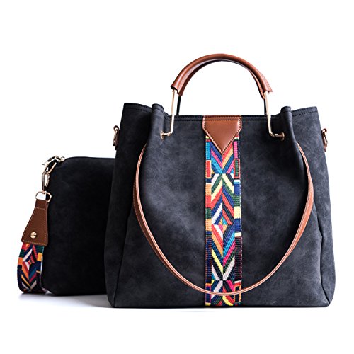 TIBES Bolso mujeres Monedero cuero sintético bolso sistema 2pcs Bolso de hombro vintage Bolsa de trabajo Negro