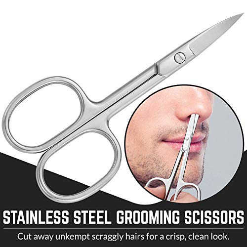 Tijeras de aseo de acero inoxidable: tijeras de cejas, barba y bigote, kit recortador de vello facial de punta pequeña, curva y redondeada, cortadora de cabello de nariz para hombre y estuche de viaje