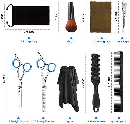 Tijeras de peluquería profesional Kit,12PCS peluquería con tijeras de peine para el cabello, capa, tijeras de corte y adelgazamiento, peine de cuchillas, flequillo de clip, clips, peine de cola
