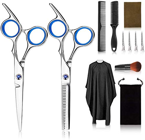 Tijeras de peluquería profesional Kit,12PCS peluquería con tijeras de peine para el cabello, capa, tijeras de corte y adelgazamiento, peine de cuchillas, flequillo de clip, clips, peine de cola