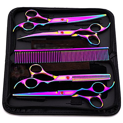 Tijeras de Perro Peluquería Profesional Entresacar Grooming Kit Set 4 Juegos de Tijeras Curvas para Cortar el Pelo a Mascotas Acero Inoxidable para Mascotas Perros Gatos